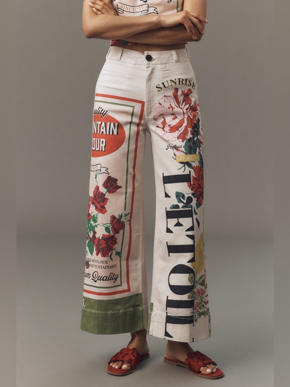 Anthropologie Maeve Ettie Floral Graphic High Rise Crop Wide Leg Pants 28 Cotton